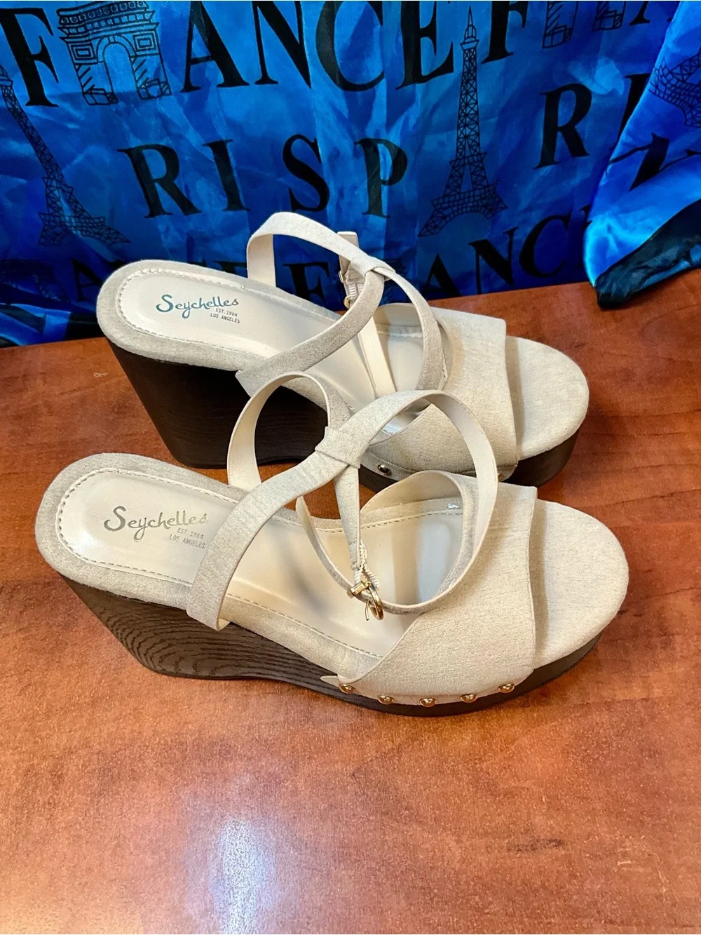 Seychelles Cream Strappy Wedge Sandals with Gold Buckle